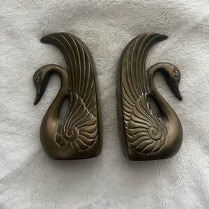 Rare Vintage Solid Cast Brass Swan Bookends - Set of 2, Art Deco Style